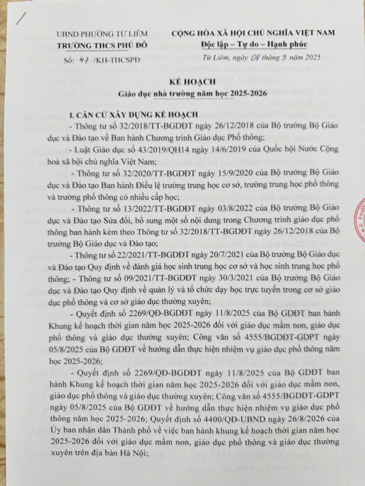 KẾ HOẠCH GIÁO DỤC NHÀ TRƯỜNG NĂM HỌC 2025 – 2026