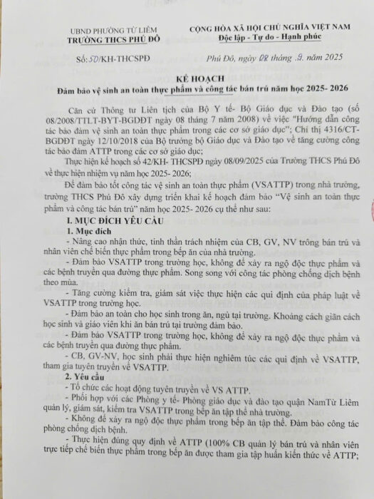 KẾ HOẠCH ĐẢM BẢO VỆ SINH AN TOÀN THỰC PHẨM VÀ CÔNG TÁC BÁN TRÚ NĂM HỌC 2025 – 2026